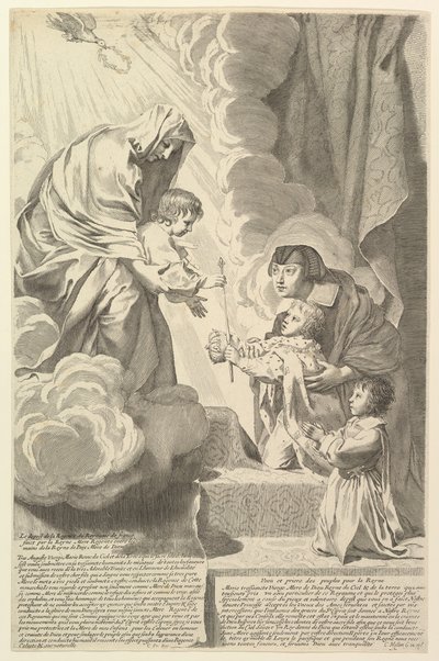 Anne von Österreich mit dem jungen Ludwig XIV. und Monsieur vor der Jungfrau und dem Kind von Claude Mellan