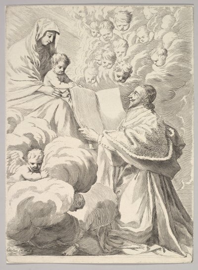 Kardinal Richelieu, kniend, überreicht sein Buch der Jungfrau und dem Kind, ca. 1646 von Claude Mellan