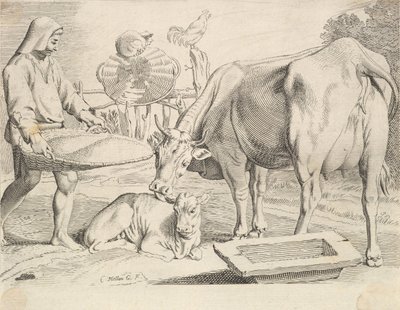 Landschaftsszene mit Bauer, Kuh und Kalb von Claude Mellan