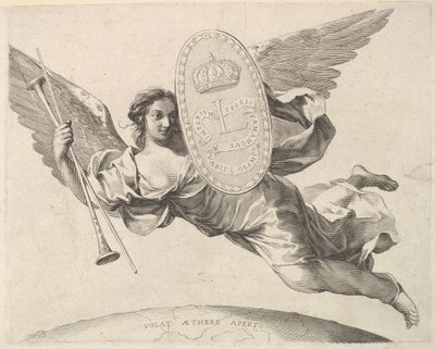 Ruhm trägt ein Schild mit dem Initial von Ludwig XIV La Renommée volant von Claude Mellan