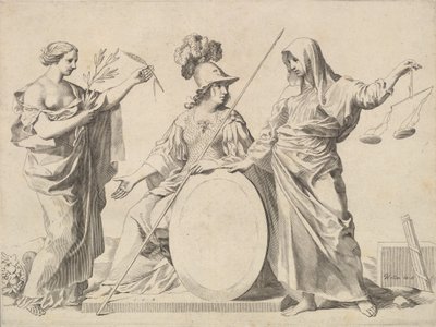 Minerva flankiert von Frieden und Gerechtigkeit Armoiries de Gallard et de Mesmes von Claude Mellan