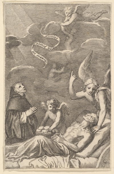 St. Nikolaus betet für einen sterbenden Mann von Claude Mellan