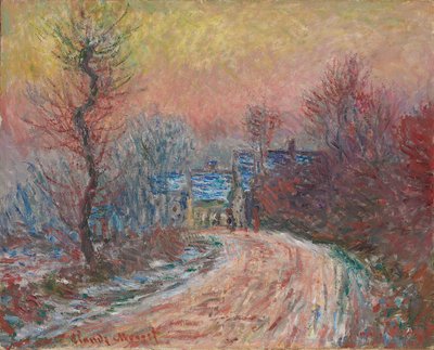 Eintritt nach Giverny im Winter, Sonnenuntergang; Entrée de Giverny en hiver, soleil couchant, 1885 von Claude Monet