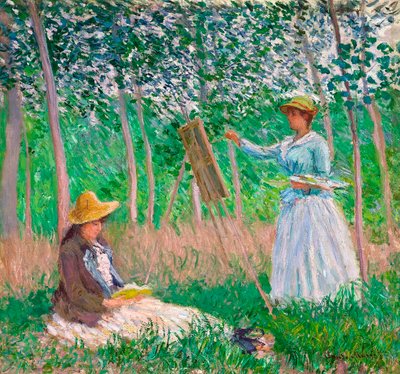 Im Wald von Giverny: Blanche Hoschedé an ihrer Staffelei mit Suzanne Hoschedé beim Lesen, 1887 von Claude Monet