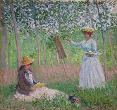 Im Wald von Giverny: Blanche Hoschedé an ihrer Staffelei mit Suzanne Hoschedé beim Lesen, 1887 von Claude Monet