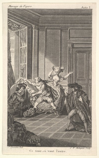 Ein Mann, der sich in einem Stuhl zusammenrollt, schaut auf einen anderen Mann, der von links auf ihn zukommt, ca. 1784 von Claude Nicolas Malapeau