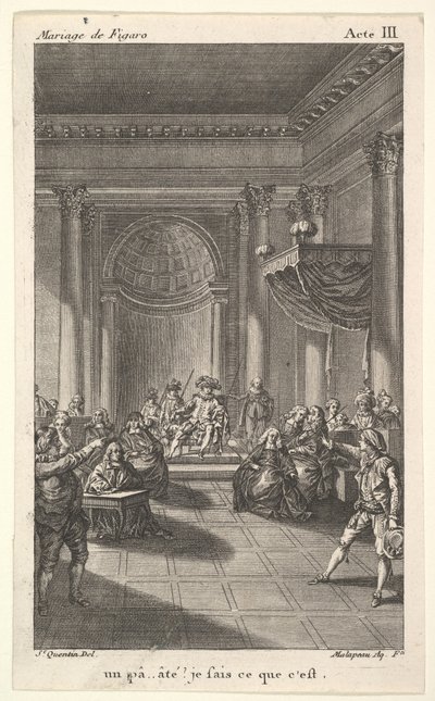 Ein Mann sitzt auf einem Stuhl auf einer Stufenplattform und hält eine Ansprache, zwei Männer zeigen auf ihn, ca. 1784 von Claude Nicolas Malapeau