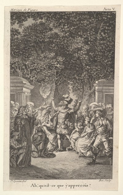 Ein Junge hält eine Fackel unter Bäumen in einem Garten, in der Mitte hebt ein Mann beide Arme von Claude Nicolas Malapeau