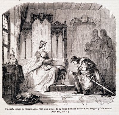 Thibaut, Graf von Champagne, kam zu den Füßen von Königin Blanche von Kastilien, um sie vor der Gefahr zu warnen, in der sie sich befand - in „Paris durch die Jahrhunderte“ von de Genouillac von Claude Sauvageot