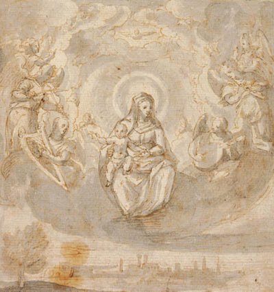 Jungfrau Maria mit dem Jesuskind, sitzend auf Wolken, umgeben von Engeln von Claudio Ridolfi