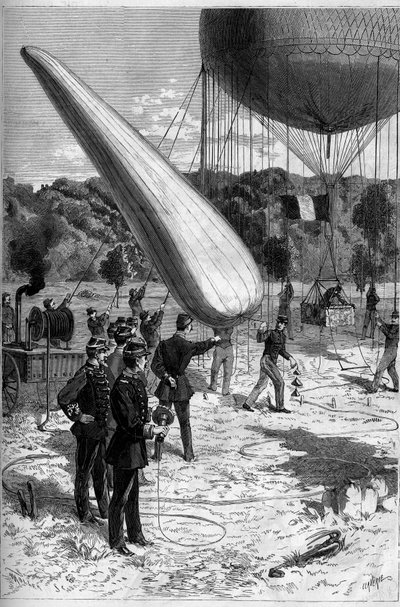 Militärische Aerostaten: Telefonische Experimente in der Einrichtung von Meudon. Gravur von Claverie in "Le Monde Illustré" Nr. 1331 vom 30. September von Claverie