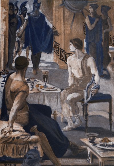 Achilles empfängt die Gesandten Agamemnons. Illustration von Clement Gontier (1876-1918) für Homers 