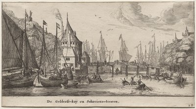 Verschiedene Schiffe und Ansichten von Amsterdam (Verscheÿde Schepen en Gesichten van Amstelredam), Teil II: Der Geldersche Quai und der Schreiersturm von Clement de Jonghe
