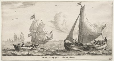 Verschiedene Schiffe und Ansichten von Amsterdam (Verscheffde Schepen en Gesichten van Amstelredam), Teil II: Zwei Pier-Boote von Clement de Jonghe