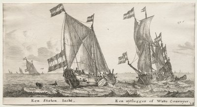 Verschiedene Schiffe und Ansichten von Amsterdam, Teil II: Niederländische Admiralitätsyacht. Ein Wachschiff von Clement de Jonghe
