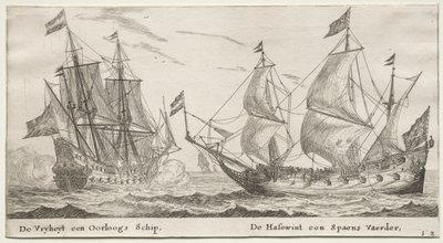 Verschiedene Schiffe und Ansichten von Amsterdam (Verscheffde Schepen en Gesichten van Amstelredam), Teil II: Die Freiheit, ein Kriegsschiff. Der Wolfshund, ein spanisches Schiff von Clement de Jonghe