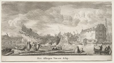 Verschiedene Schiffe und Ansichten von Amsterdam (Verscheffde Schepen en Gesichten van Amstelredam), Teil II: Ein Schiff wird zu Wasser gelassen von Clement de Jonghe