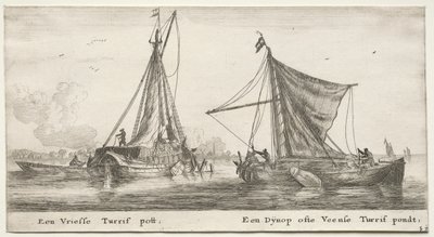 Verschiedene Schiffe und Ansichten von Amsterdam (Verscheyde Schepen en Gesichten van Amstelredam), Teil II: Ein friesischer Torfkahn. Der Dÿnop, nahe dem Veensche Torfteich von Clement de Jonghe