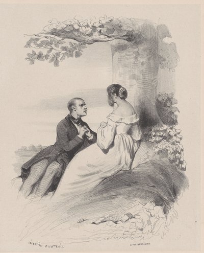 Mann macht einer Frau einen Antrag, deren Gesicht von Haaren verdeckt ist, ca. 1830-65 von Célestin Nanteuil
