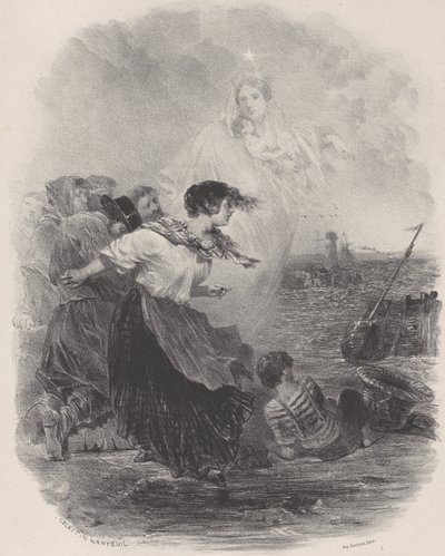 Frau am Meer mit der Madonna, die auf ein Schiff zeigt von Célestin Nanteuil