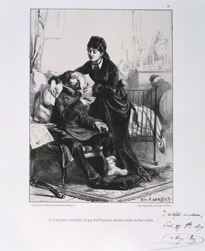 Deutsch-Französischer Krieg 1870-1871: Ein verwundeter Soldat wird gepflegt und genährt. Aus einer Serie von Lithografien von Clément Auguste Andrieux über die Nationalgarden. von Clément Auguste Andrieux