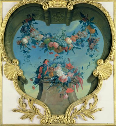 Girlande aus Früchten über einem Sockel mit Blumen und einem rot-grünen Papagei, ca. 1730-31 von Coenraet Roepel