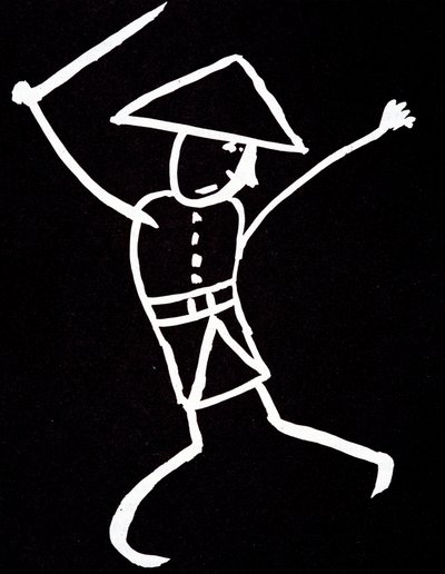Charakter mit Hut, Uniform und Flügeln. Anime-Zeichnung von Emile Cohl (1857-1938) in Weiß auf Schwarz. von Cohl