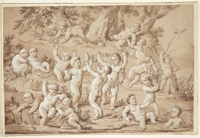 Eine große Gruppe von Putti, die zufrieden an einem Bach spielen von Conrad Martin Metz