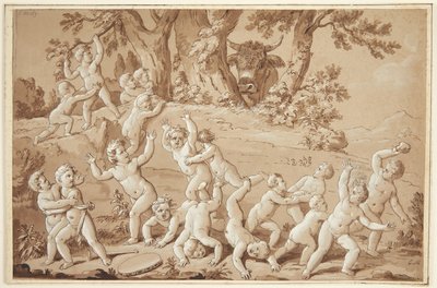 Eine große Gruppe von Putti in Schrecken versetzt durch die Ankunft eines Stiers von Conrad Martin Metz