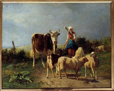 Ein Hirte mit einer Kuh und Schafen von Constant Emile Troyon