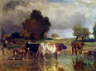 Kuh und Kalb am Teich oder am Wassertrog Gemälde von Constant Troyon (1810-1865) 19. Jahrhundert von Constant Emile Troyon