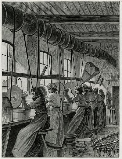 Eine Frauenwerkstatt in der Glasfabrik von Val Saint Lambert. Gravur von C. Meunier zur Illustration der Geschichte „Belgien“ von Camille Lemonnier (1844-1913) von Constantin Emile Meunier