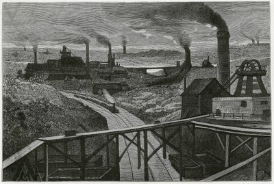 Kohlebergbau und Terrils (Aspekte der Contree Boraine). Gravur von Constant Meunier, zur Illustration der Geschichte „Belgien“, von Camille Lemonnier (1844-1913), belgischer Schriftsteller. Veröffentlicht in Le Tour du monde, 2. Semester 1884. von Constantin Emile Meunier