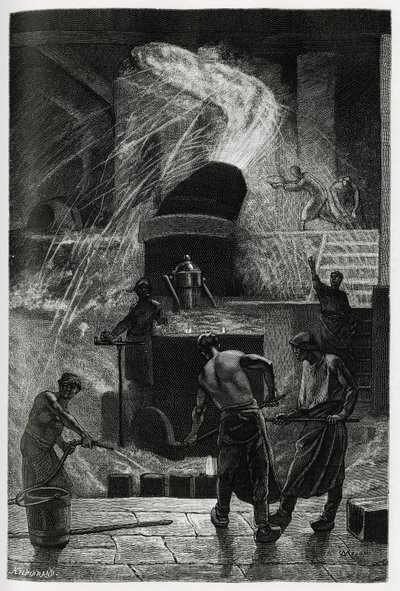 Der Stahlguss in den Cockerill-Werken in Seraing. Gravur von C. Meunier zur Illustration der Geschichte „Belgien“ von Camille Lemonnier (1844-1913) von Constantin Emile Meunier