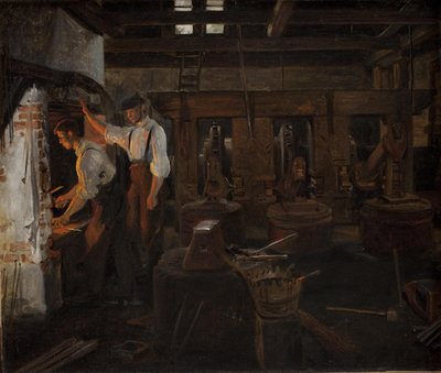 Das Innere der alten Hammerschmiede bei Hellebæk von Constantin Hansen