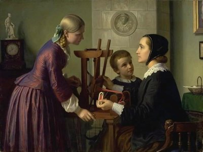 Eine Hausfrau an ihrem Bandwebstuhl spricht mit zwei Kindern von Constantin Hansen