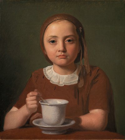 Kleines Mädchen, Elise Købke, mit einer Tasse vor sich, 1850 von Constantin Hansen