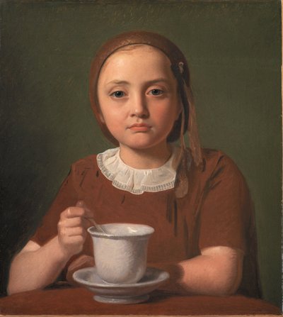 Porträt eines kleinen Mädchens, Elise Købke, mit einer Tasse vor ihr von Constantin Hansen