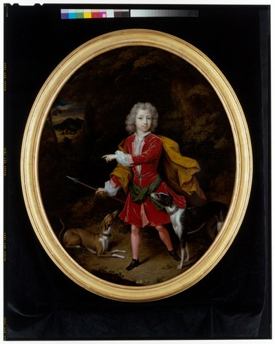 Porträt eines jungen Mannes mit zwei Jagdhunden in einer Waldlandschaft von Constantin Netscher