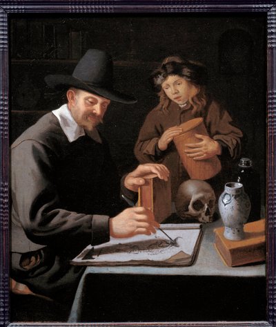 Der Maler und sein Schüler. Ein Lehrling beobachtet seinen Meister beim Zeichnen in einem Notizbuch. Gemälde (Vanitas) von Constantin Verhout (oder Voorhout) von Constantin Verhout or Voorhout
