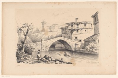 Brücke über Fluss im Bergdorf von Constantinus Cornelis Huysmans