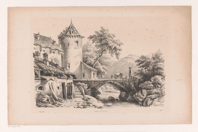 Häuser und Brücke in Berglandschaft von Constantinus Cornelis Huysmans
