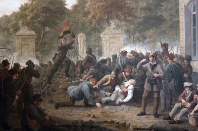 Revolutionäre Barrikade gegenüber dem Park von Brüssel während der Kämpfe zwischen belgischen Rebellen und niederländischen Truppen im Jahr 1830 von Constantinus Fidelio Coene