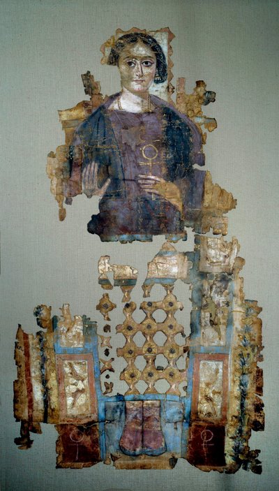 Koptische Kunst: Fragment eines bemalten Leichentuchs, das eine junge Frau namens die Dame mit dem Kreuz darstellt. Aus Antinoupolis. 4. Jahrhundert n. Chr. von Coptic Coptic