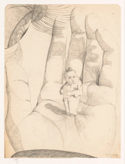 Auge und Hand, in denen ein Kind mit einem Päckchen in den Händen Selbstporträts von Cor van Teeseling (Serientitel) von Cor van Teeseling