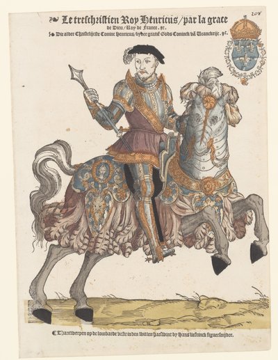 Porträt von Heinrich II. von Frankreich in Rüstung zu Pferd, nach rechts von Cornelis Anthonisz. (manner of)