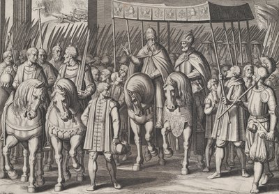 Tafel 3: Karl V. gekrönter Kaiser, der mit dem Papst in Rom einzieht, aus den Triumphen von Karl..., 1614 von Cornelis Boel