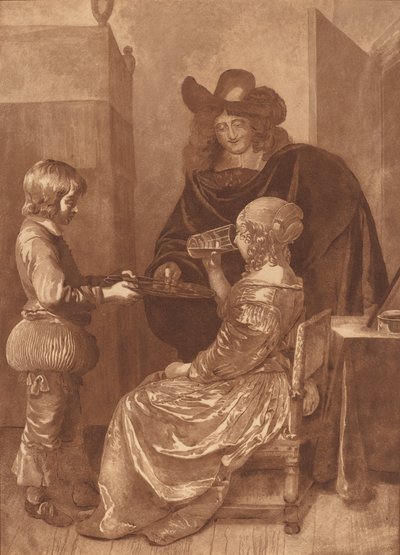 Kavalier und Dame mit einem Pagen, 1779, veröffentlicht 1781 von Cornelis Brouwer