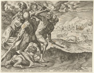 Herkules tötet Geryon und seinen Hund (Werken von Herkules) von Cornelis Cort