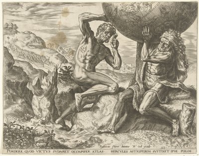 Herkules trägt die Weltkugel für Atlas (Werke von Herkules) von Cornelis Cort
